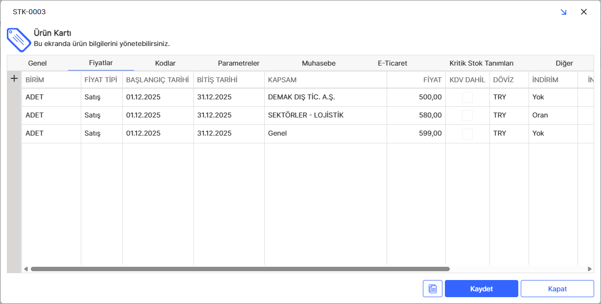 Ürün Kartı Fiyatlar Sekmesi