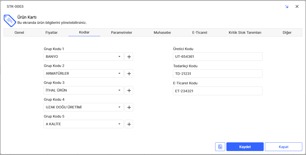 Ürün Kartı Kodlar Sekmesi