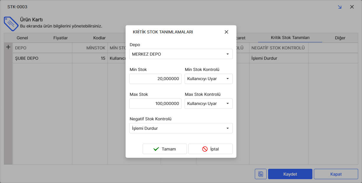 Ürün Kartı Kritik Stok Sekmesi