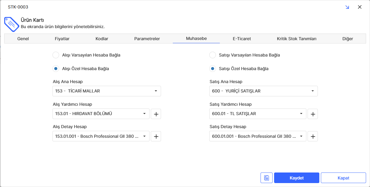 Ürün Kartı Muhasebe Sekmesi