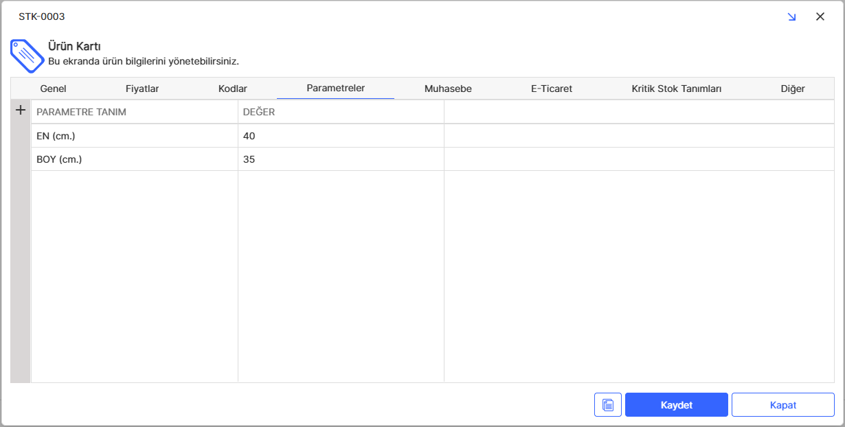 Ürün Kartı Parametreler Sekmesi