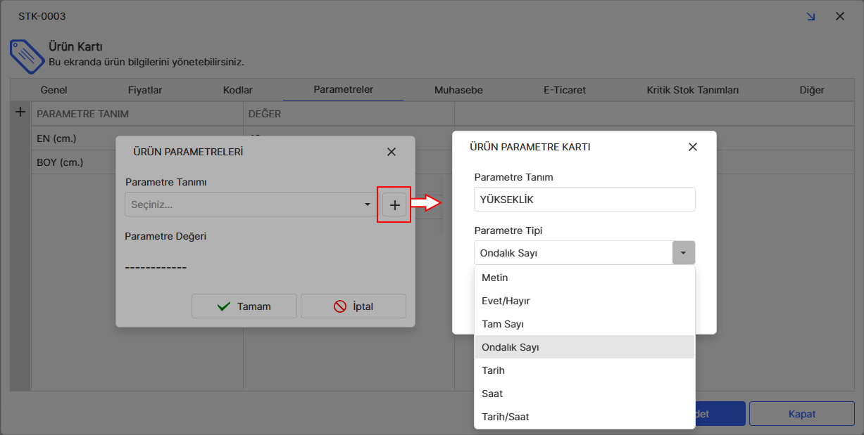 Ürün Kartı Parametre Tanımlama