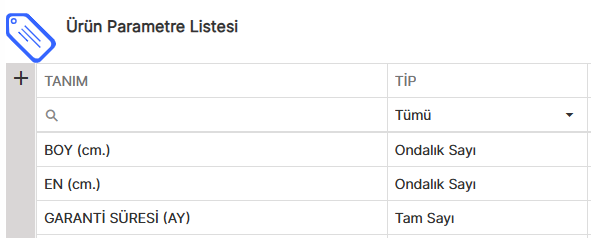 Ürün Parametre Listesi