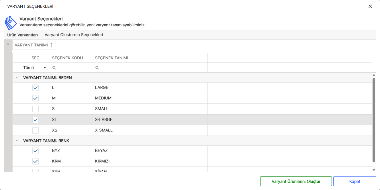 Ürün Varyant Seçenek Seçimi