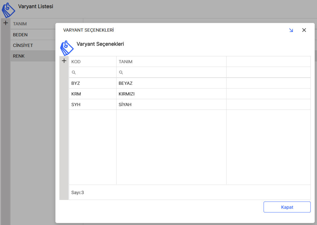 Varyant Seçenekleri Listesi